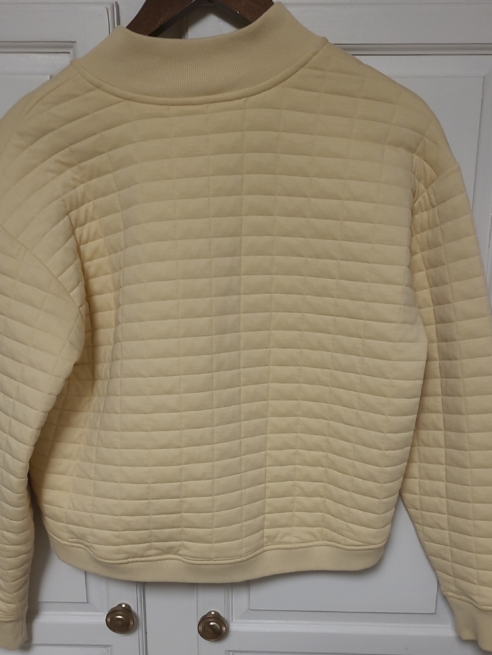 Calia Cropped Quilted Button-Neck Pullover in Soft Pale Yellow - Picture 5 of 5